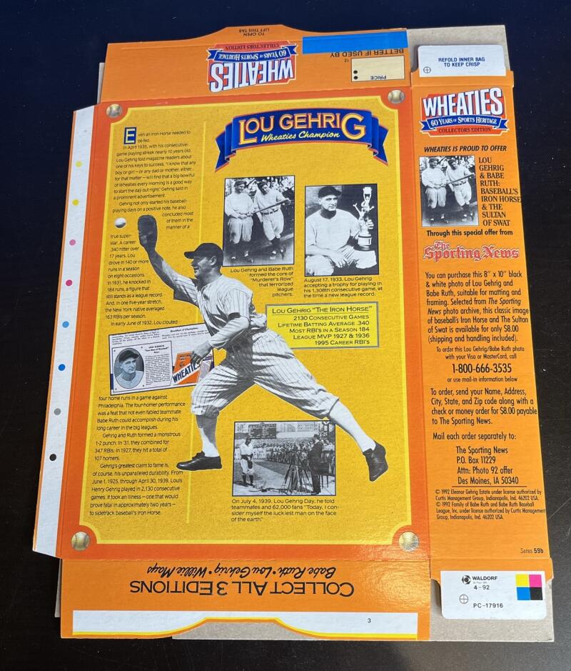 Wheaties Flat box 1991 Twins,60 Years Willie Mays, Lou Gehrig, Babe Ruth (4) Lot