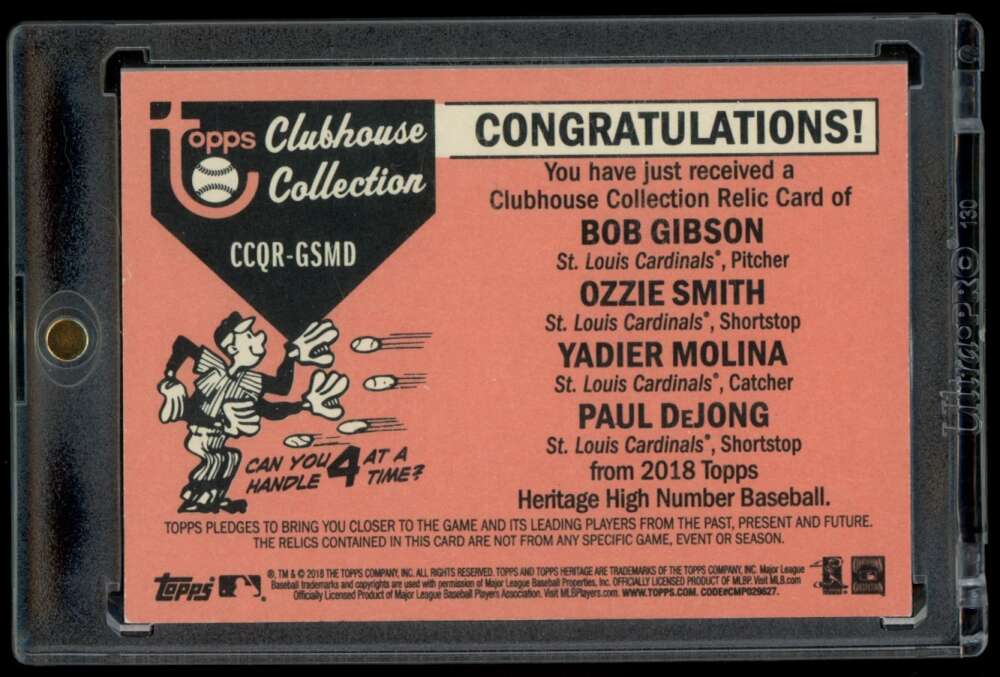 2018 Topps Heritage High Number Clubhouse Collection Quad Relics #CCQR-GSMD Bob Gibson/Ozzie Smith/Yadier Molina/Paul De