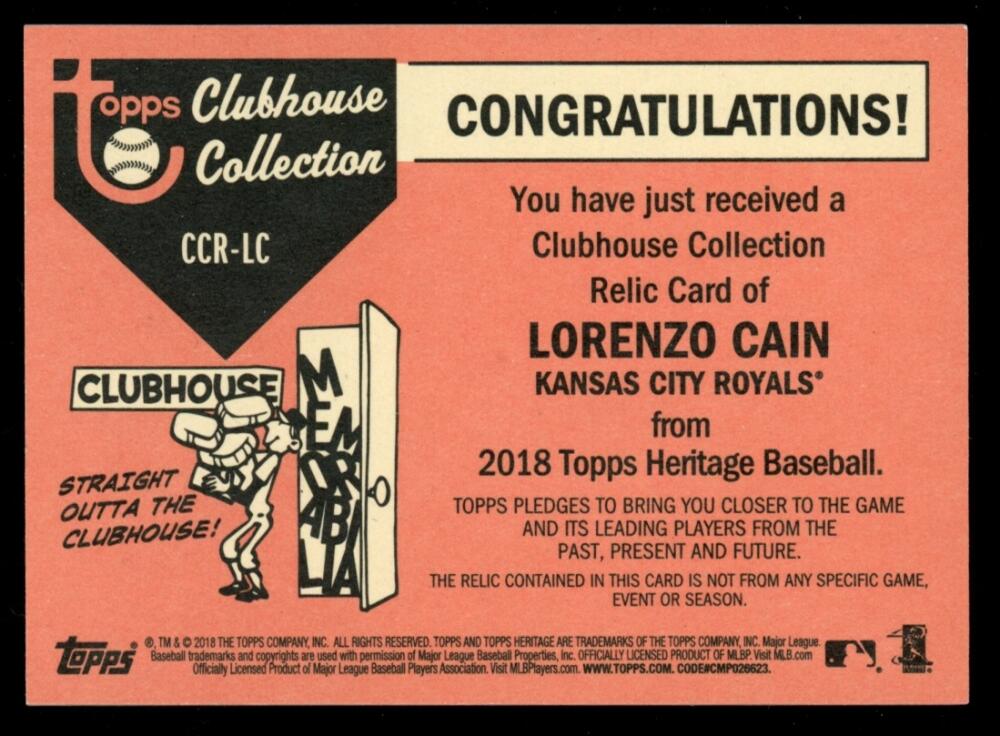 2018 Topps Heritage Clubhouse Collection Relics Gold #CCR-LC Lorenzo Cain Relic #25/99 Royals Jersey Blue dirty