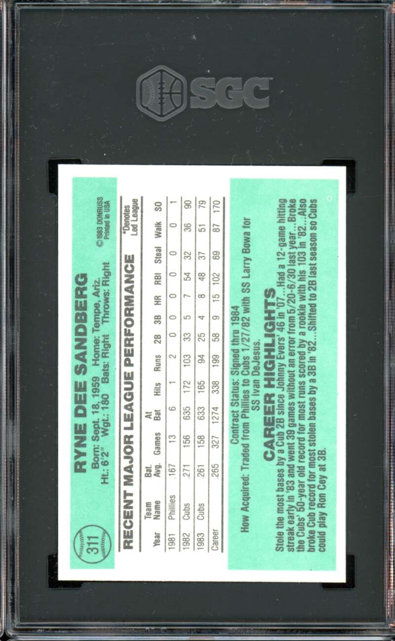1984 Donruss #311 Ryne Sandberg Cubs HOF SGC 9 MT MINT