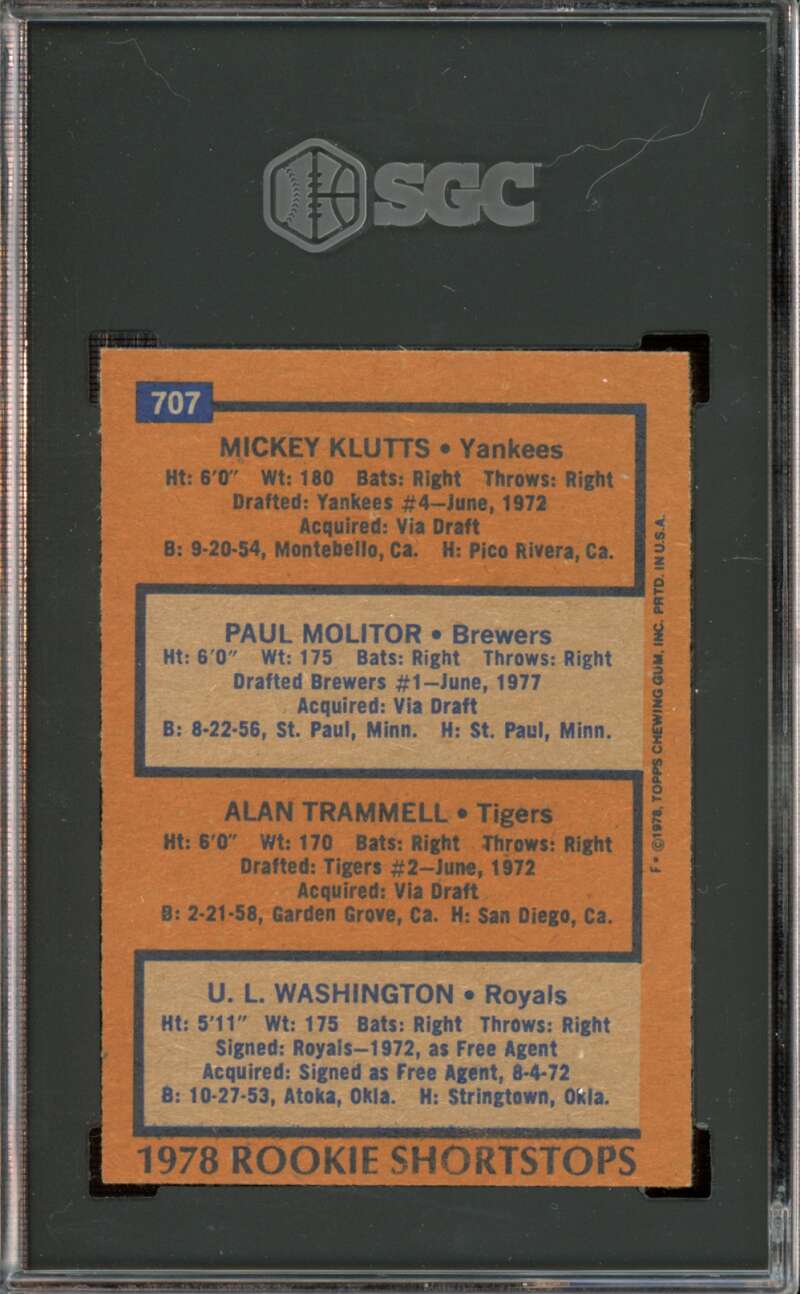 1978 Topps #707 Paul Molitor/Alan Trammell RC/Rookie Klutts/Washington SGC 8.5