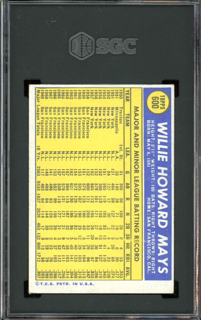 1970 Topps #600 Willie Mays Giants HOF SGC 6 EX-NM