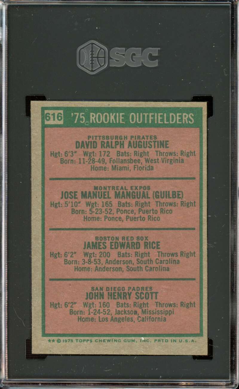 1975 Topps #616 Jim Rice RC/Rookie Dave Augustine/Pepe Mangual/John Scott SGC 6