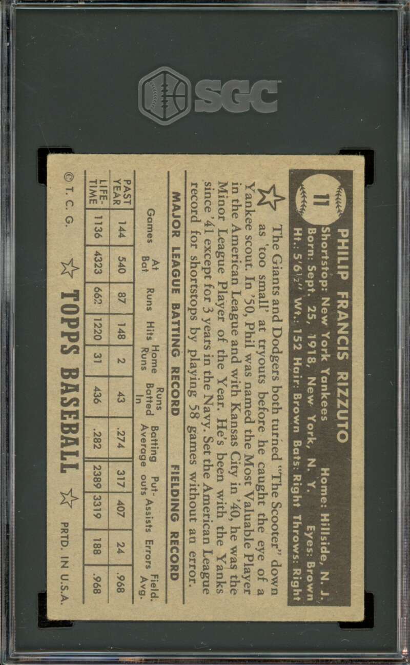 1952 Topps #11 Black Back Phil Rizzuto Yankees HOF SGC 3 VG