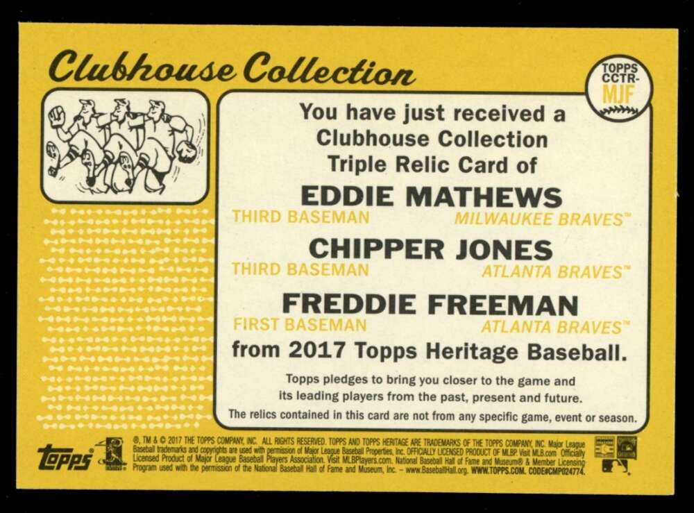 2017 Topps Heritage Triple Relic Freddie Freeman/Chipper Jones/Eddie Mathews /25