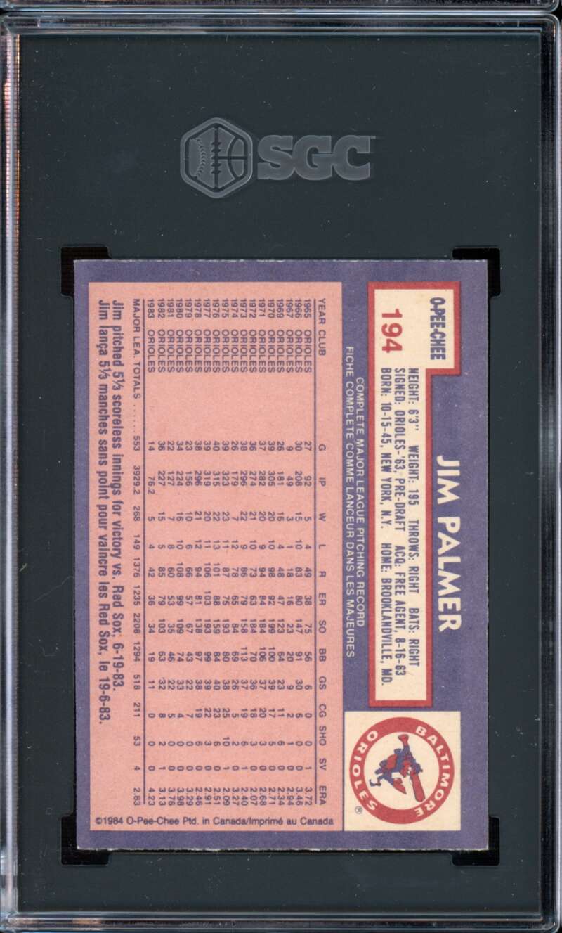 1984 OPC O-Pee-Chee #194 Jim Palmer Orioles by Topps HOF SGC 8.5 NM-MT+