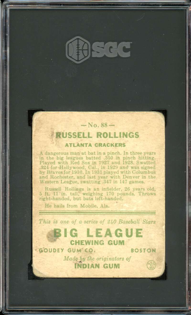 1933 Goudey #88 Russell Rollings RC/Rookie HOF SGC 1 PR Poor