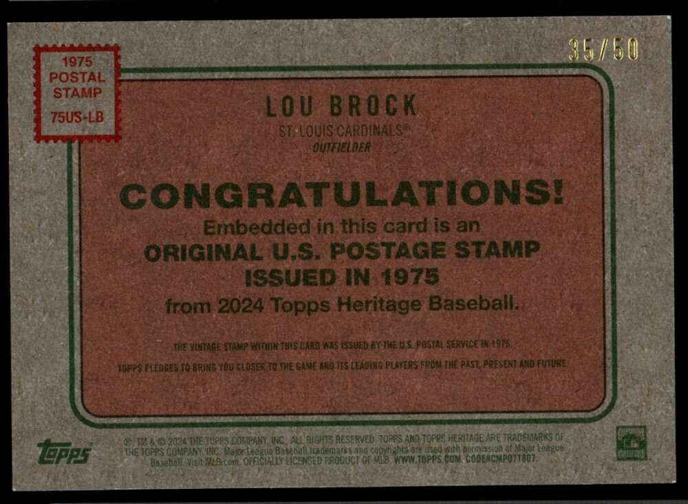 2024 Topps Heritage 1975 US Postage Postal Stamp Lou Brock #35/50
